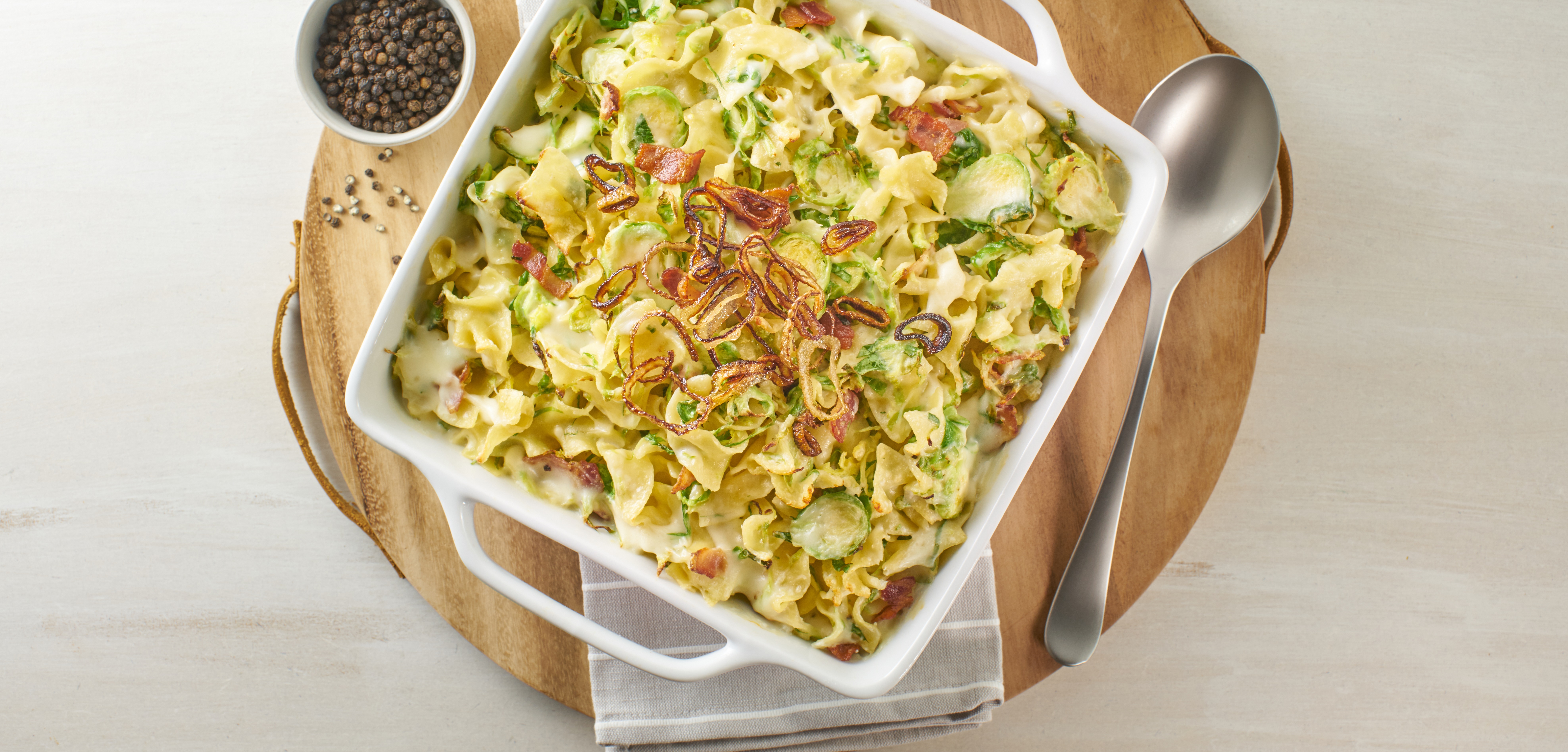 Light 'n Fluffy Bacon Brussels Sprout Noodle Bake